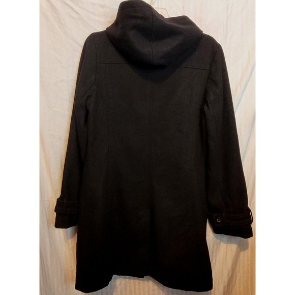 Vintage Old Navy Wool Blend Pea Coat Hood Black Long Button Up Medium Pockets - Picture 9 of 11